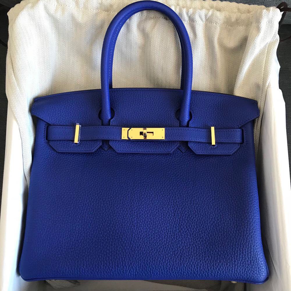 Hermes Birkin Handbag Bleu Pale Clemence with Gold Hardware 30 Blue