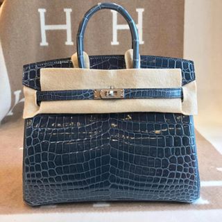 Hermes Birkin 30 Handbag N7 Blue Tempete Shiny Porosus Croc GHW