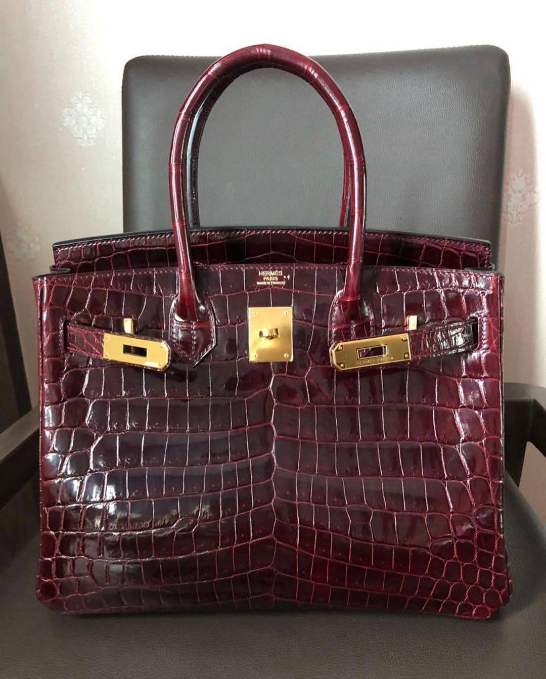 Hermes Birkin 30 Bordeaux Niloticus Lisse Shiny Gold Hardware X Vendome Monte Carlo