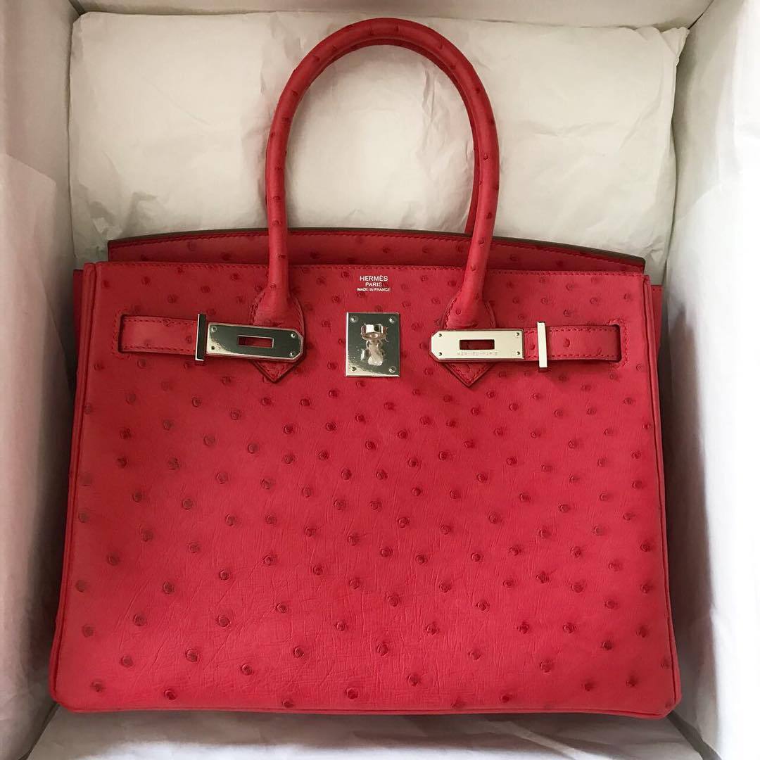 Hermes Birkin Bag 30cm Bougainvillea Red Ostrich Skin PHW - 100