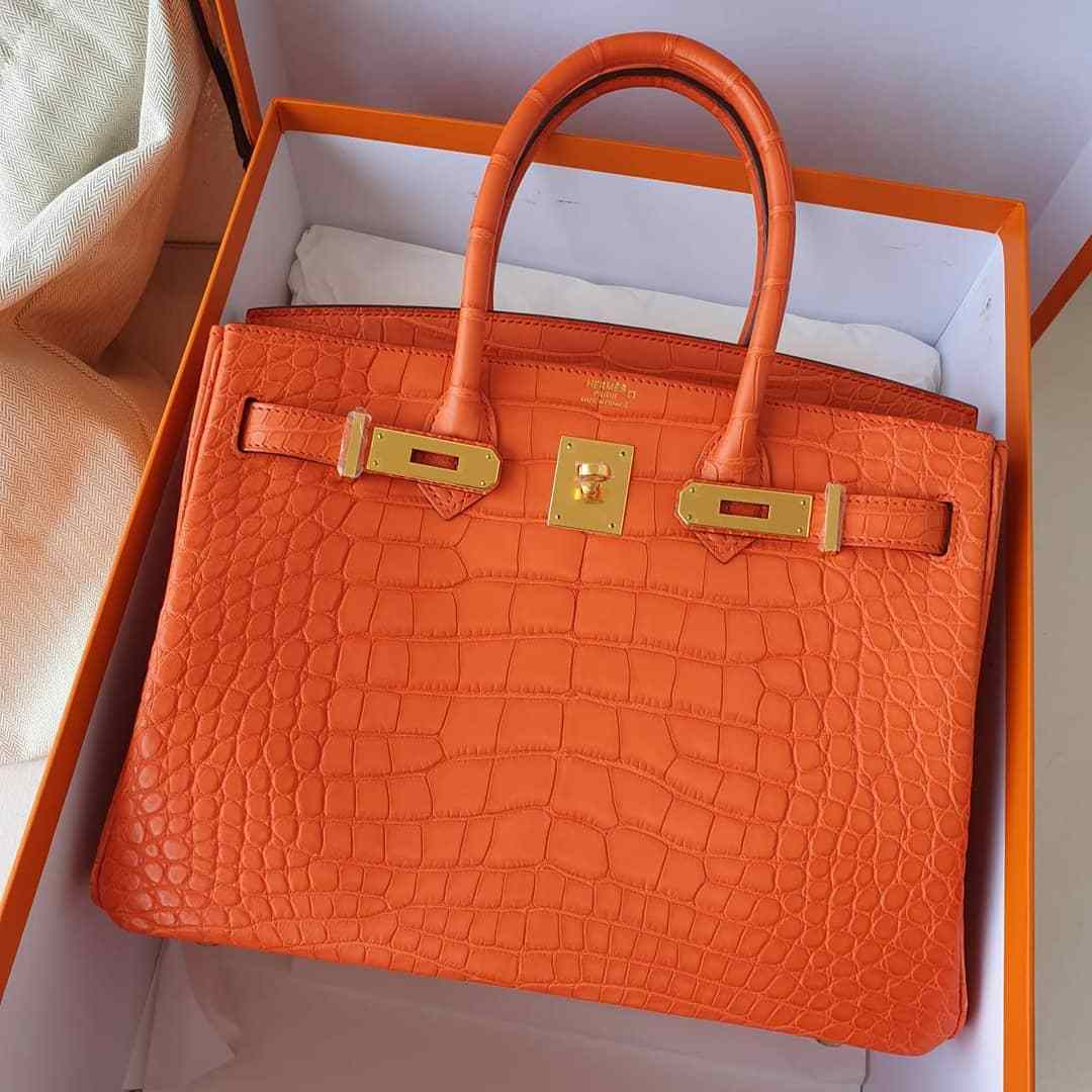 Hermes Birkin 30 Orange Poppy Alligator Mat Matte Gold Hardware #D