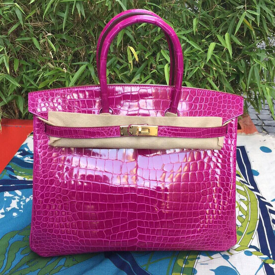 Hermes Birkin 35 Rose Scheherazade Shiny Porosus Crocodile Handbag