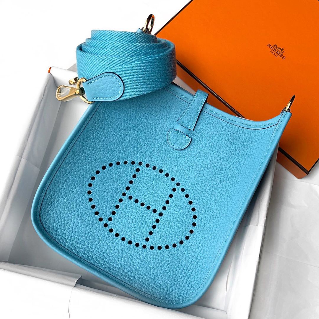 Hermes Mini Evelyne 16 Clemence In Blue, Bleu France With Gold