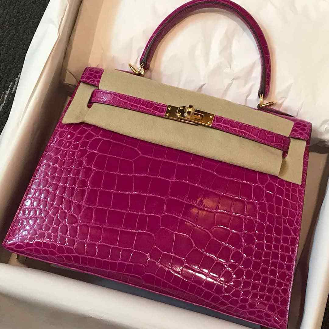 Hermes Kelly 25 Sellier Rose Scheherazade Alligator Lisse Shiny Gold ...