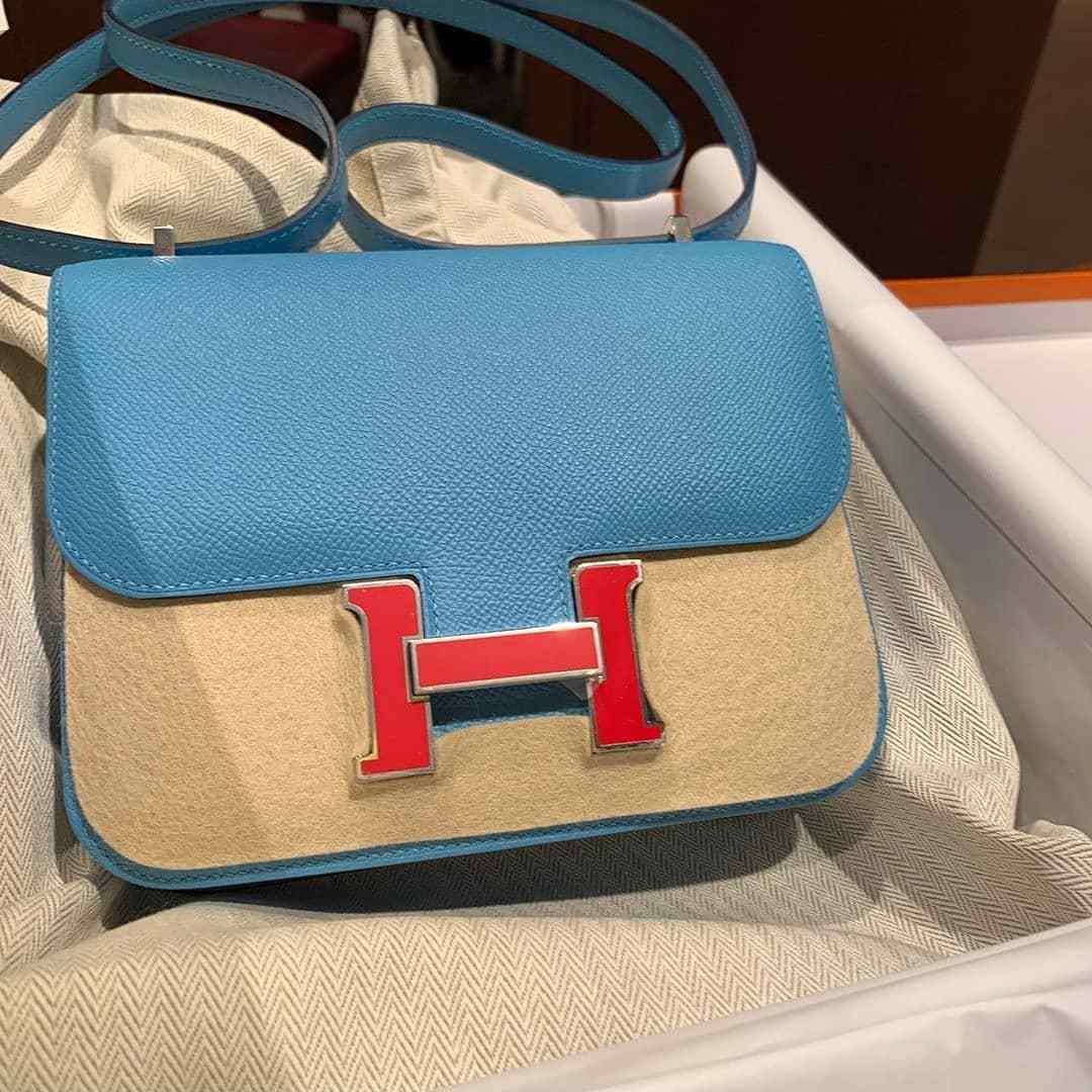 Hermes Constance 18 Mini Bleu du Nord/Rouge H Epsom Enamel Buckle #C -  Vendome Monte Carlo