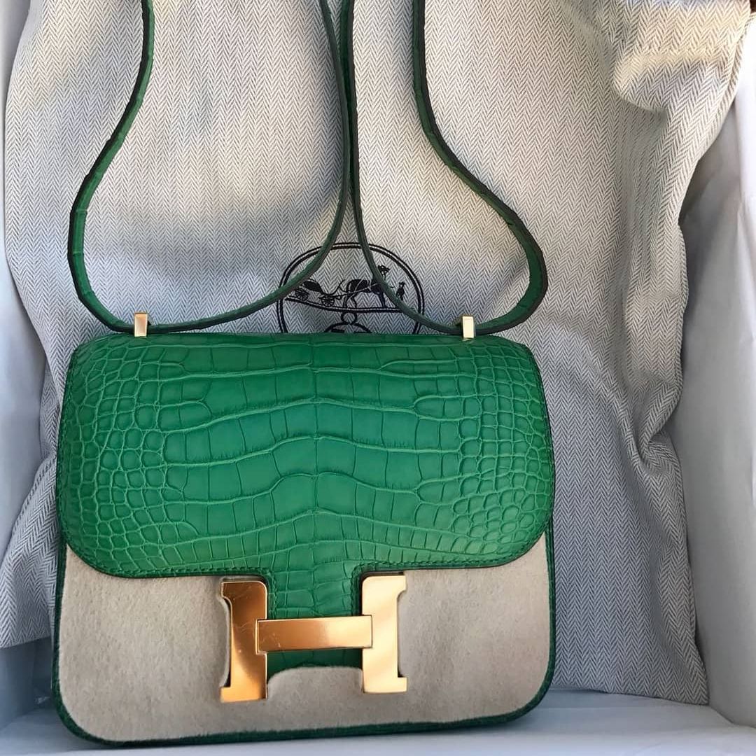 HERMÈS Matte Alligator Constance Mini 19 shoulder bag in Gold with