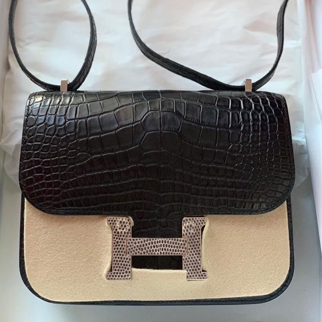 NEW Authentic HERMES Shiny BLACK LIZARD Constance Bag Mini 18cm PHW Silver