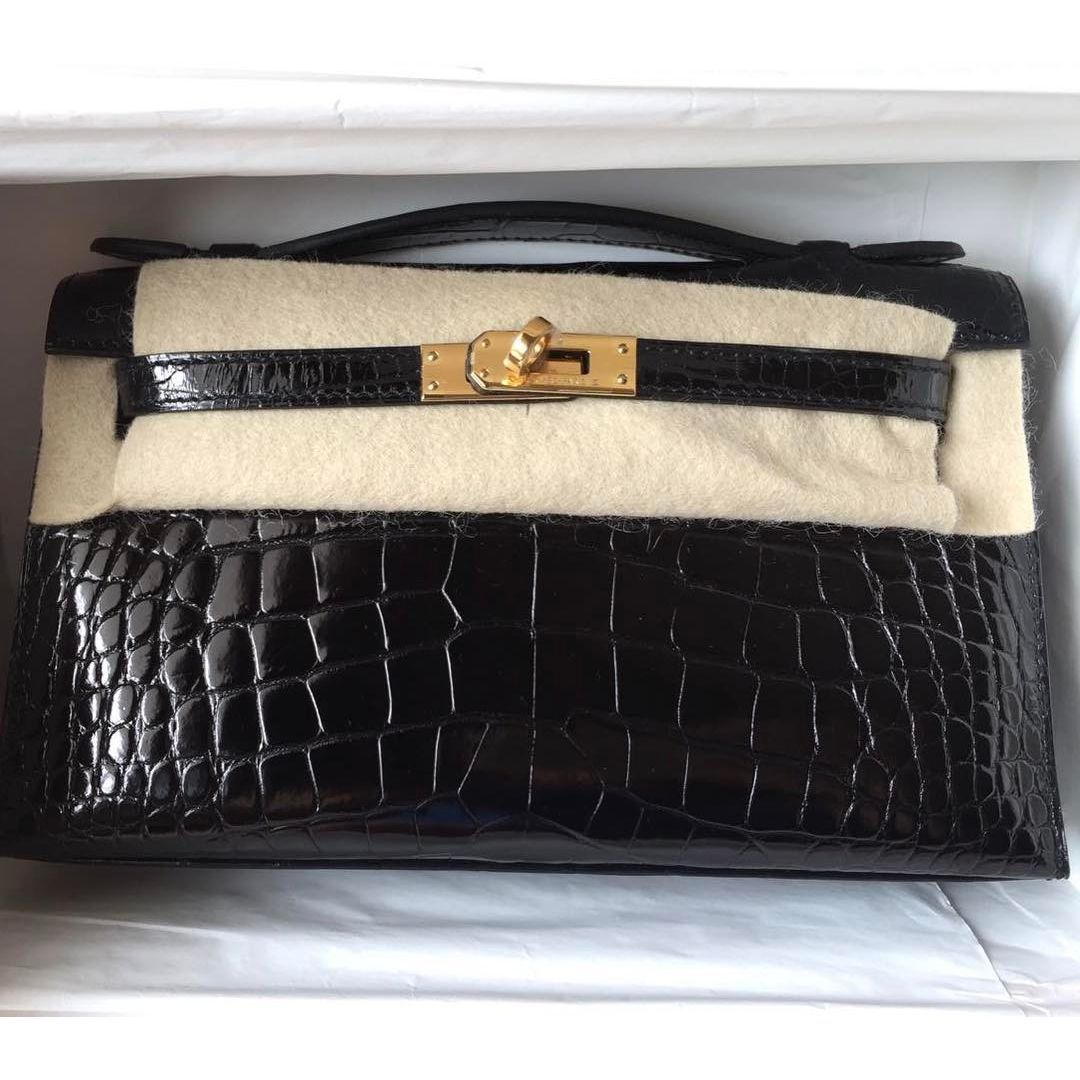 Hermes Kelly Pochette Noir Black Alligator Lisse Shiny Gold Hardware #X -  Vendome Monte Carlo