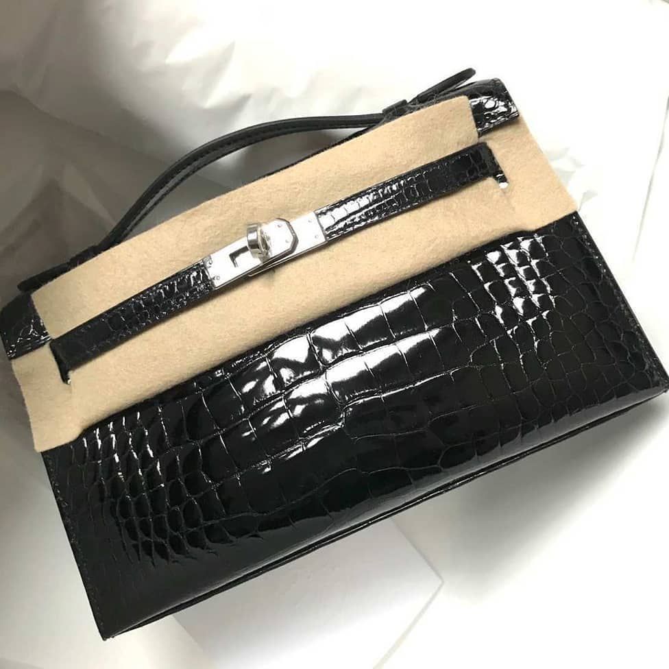 Hermes Kelly Pochette Noir Black Alligator Lisse Shiny Palladium Hardware T Vendome Monte Carlo
