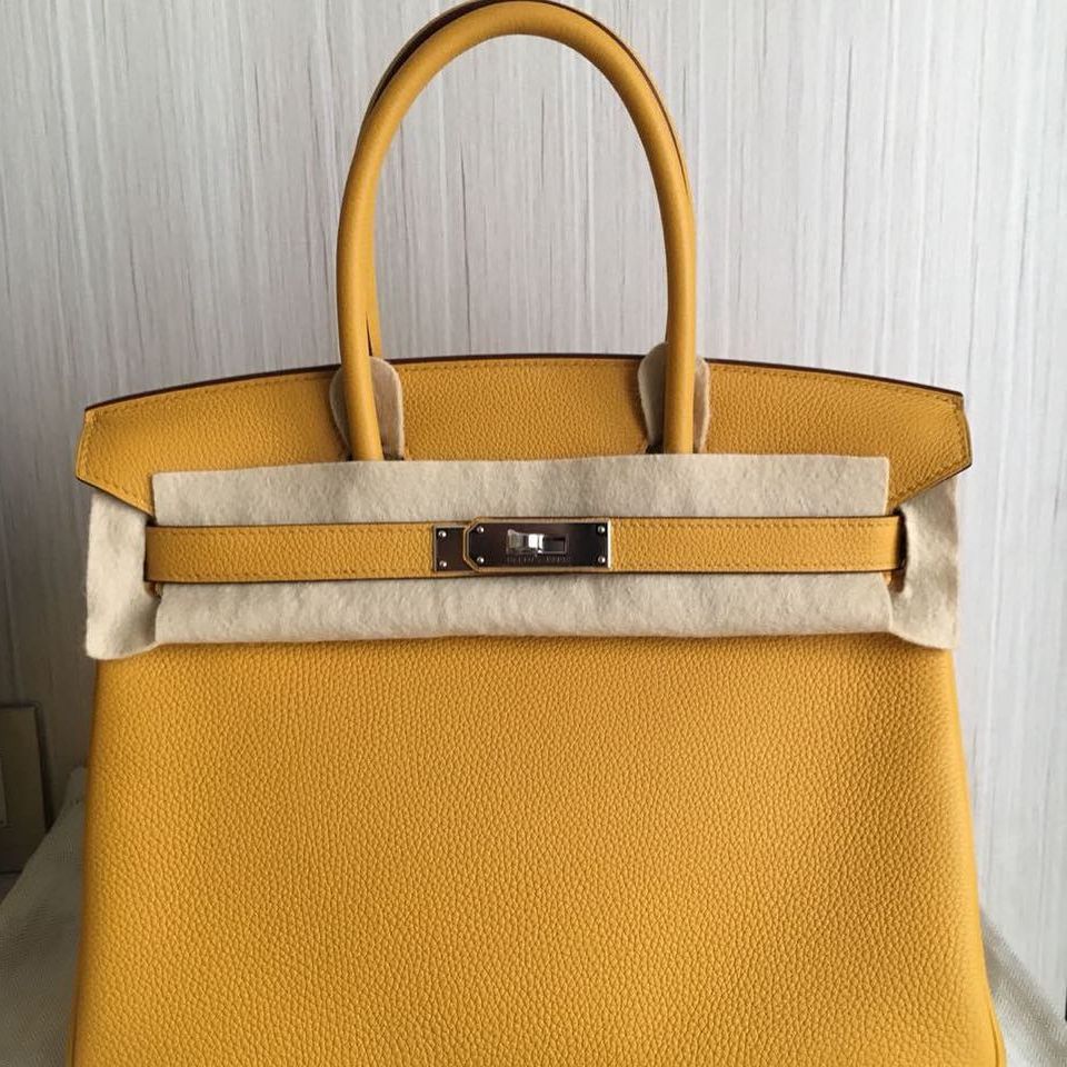 Hermes Birkin Handbag Jaune Ambre Togo with Palladium Hardware 30 Yellow