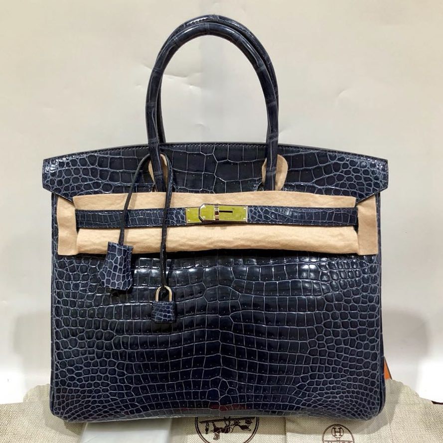 Hermes Birkin Bag 35cm Blue Sapphire Shiny Porosus Crocodile Palladium  Hardware