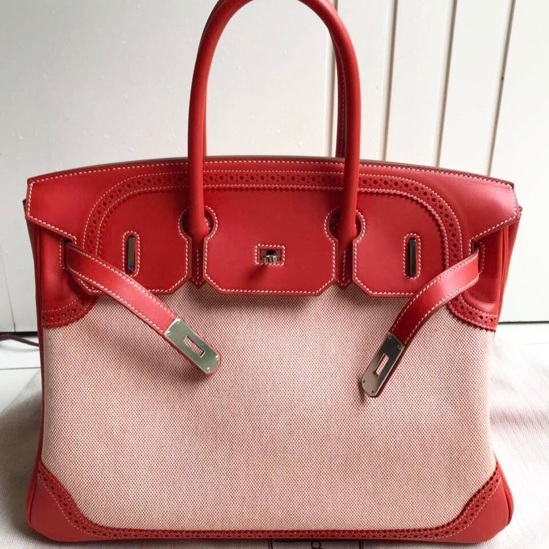 Hermes Birkin 35 Ghillies Sanguine Toile Barenia Palladium