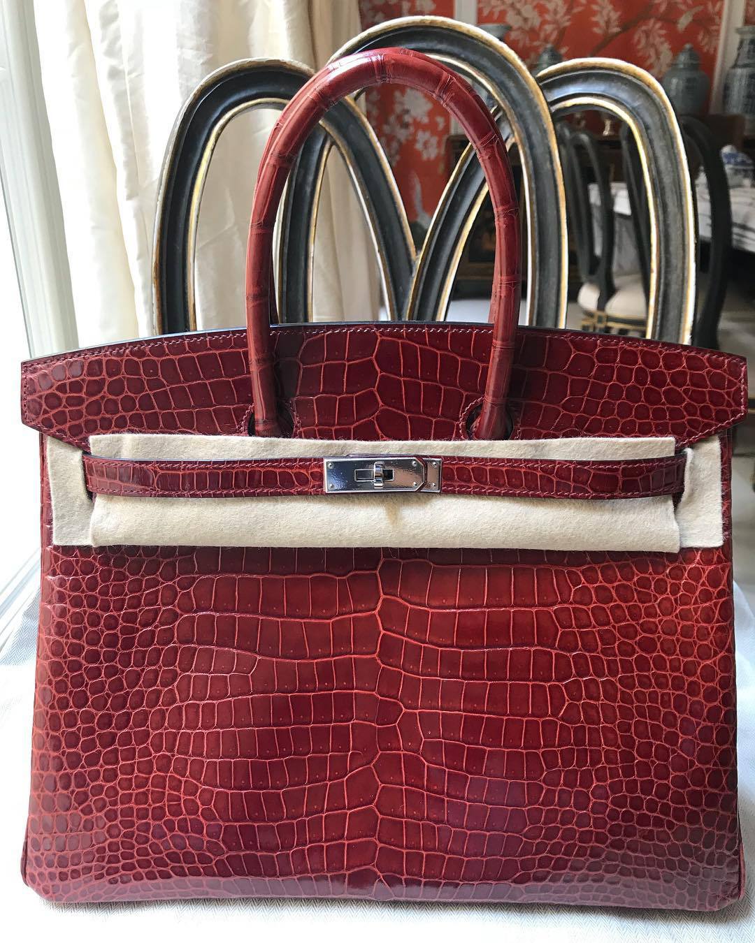 Hermes Birkin 35 Rouge H Porosus Lisse Shiny Palladium