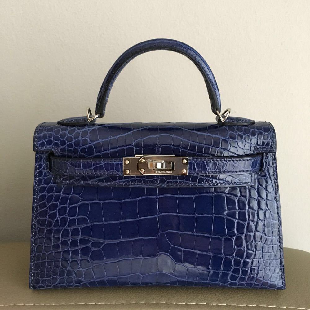 Hermes Kelly 25 Sellier Bleu Saphir Alligator Lisse Shiny Palladium  Hardware #C - Vendome Monte Carlo