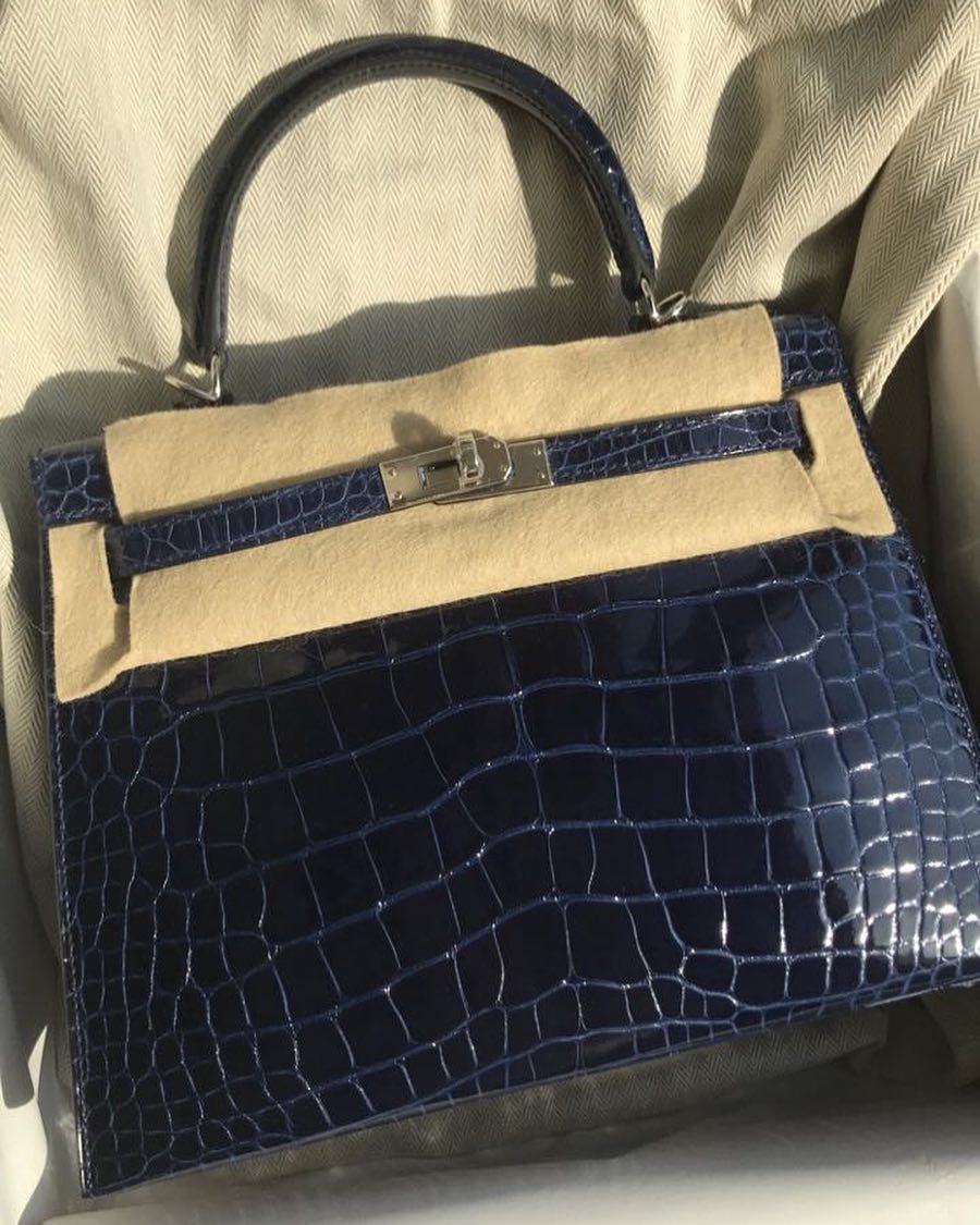 Hermes Kelly 25 Sellier Bleu Saphir Alligator Lisse Shiny Palladium  Hardware #C - Vendome Monte Carlo