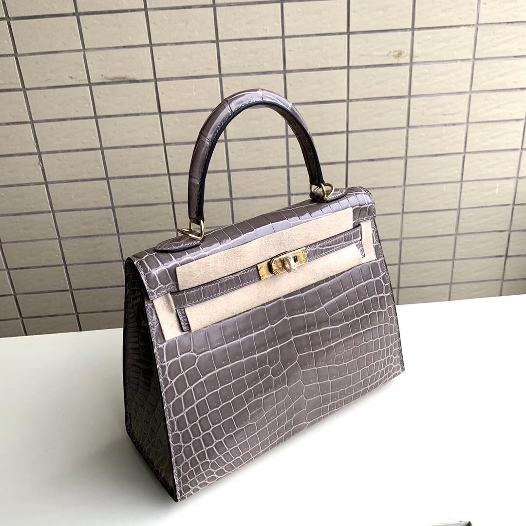 Hermes Kelly 25 Sellier Gris Tourterelle Niloticus Lisse Shiny Gold  Hardware #C - Vendome Monte Carlo