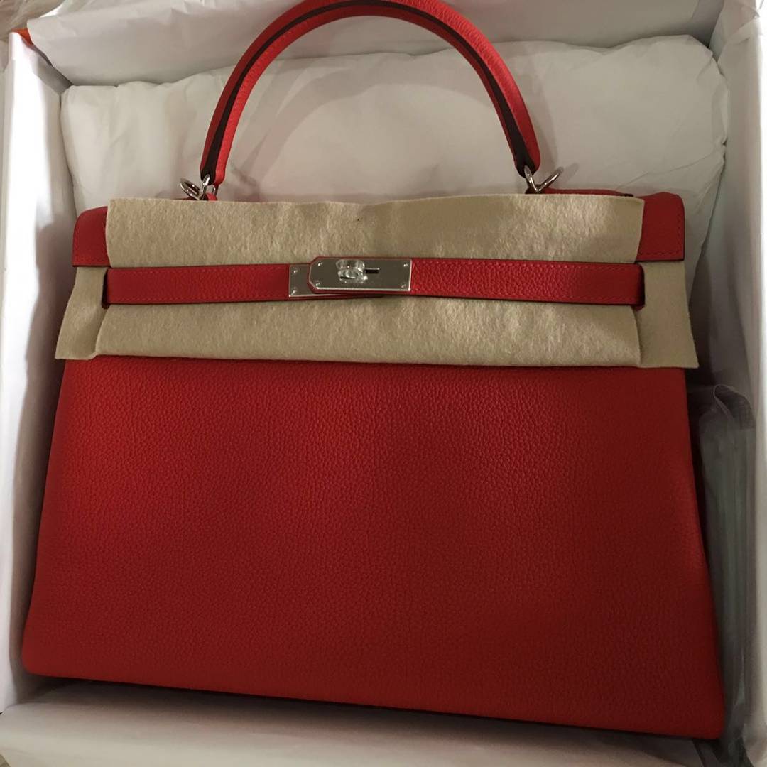 Hermes Kelly 28 Retourne Geranium Togo Palladium Hardware #X