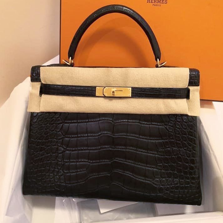 Hermes Kelly 25 Sellier Noir Black Niloticus Lisse Shiny Gold Hardware #C -  Vendome Monte Carlo