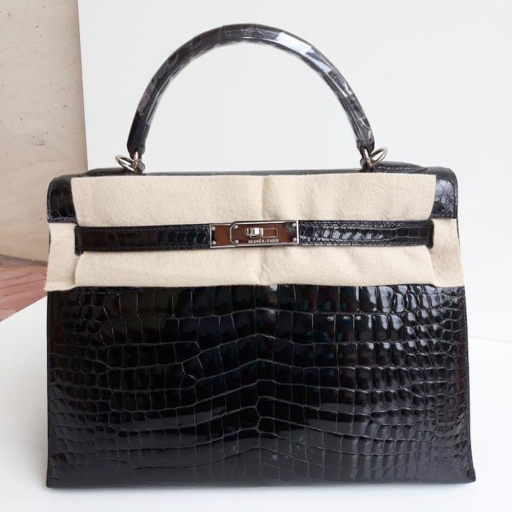 Hermès Kelly 25 Noir (Black) Sellier Varanus Niloticus Palladium Hardware  PHW