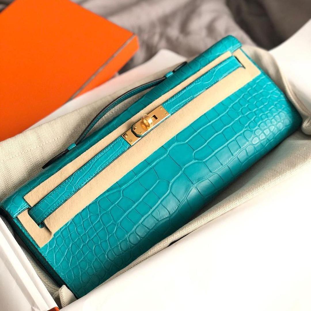 Hermes Kelly Cut Bleu Paon Alligator Mat Matte Gold Hardware C Vendome Monte Carlo