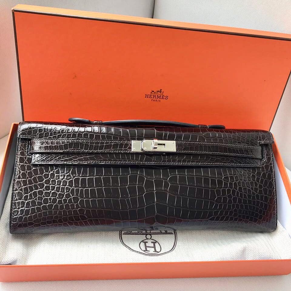 Hermes Kelly Cut Macassar Porosus Lisse Shiny Palladium Hardware
