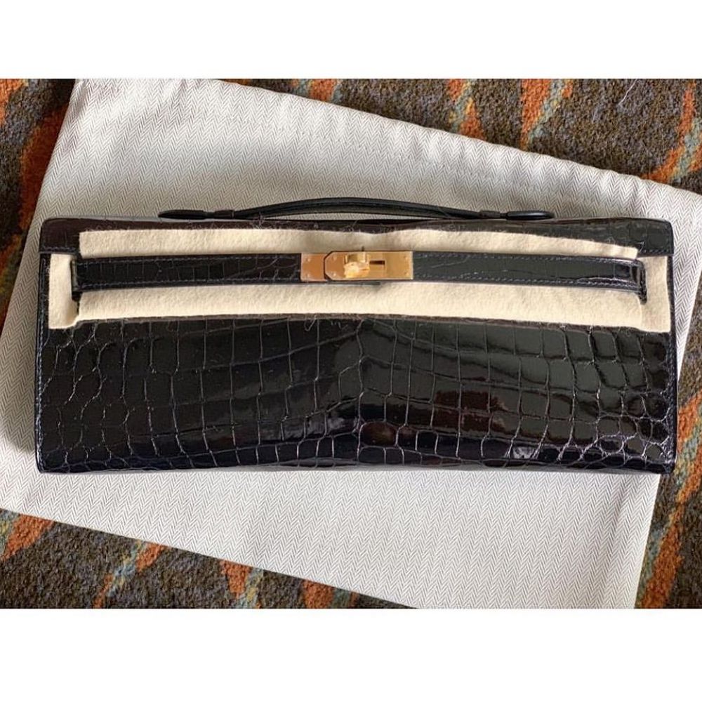 Hermes Kelly Cut Noir Black Niloticus Lisse Shiny Gold Hardware #D -  Vendome Monte Carlo