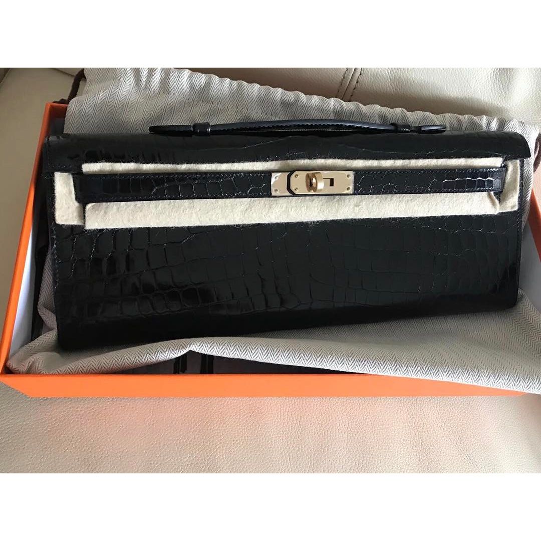 Hermes Kelly 25 Sellier Noir Black Niloticus Lisse Shiny Gold Hardware #C -  Vendome Monte Carlo