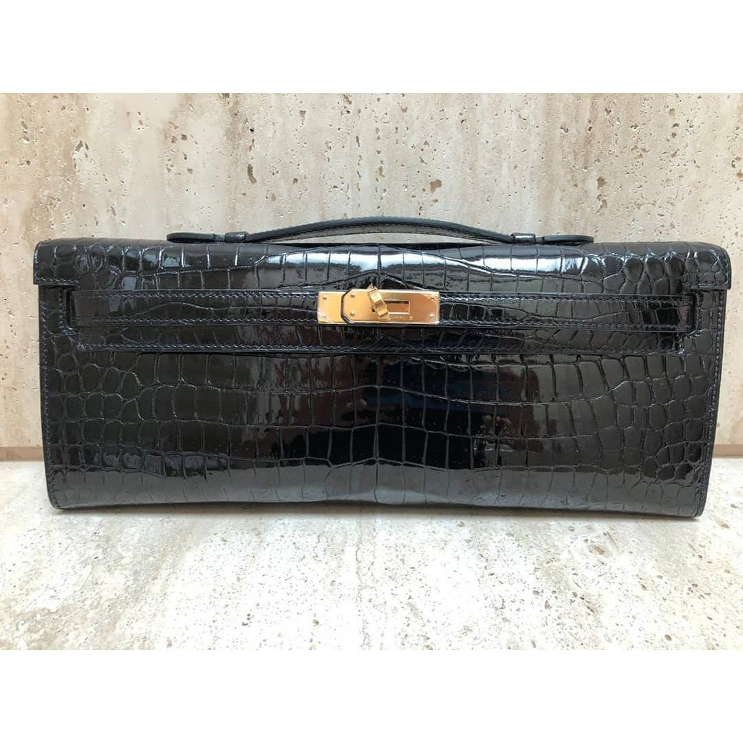 Hermes Kelly Cut Noir Black Alligator Lisse Shiny Gold Hardware #C -  Vendome Monte Carlo