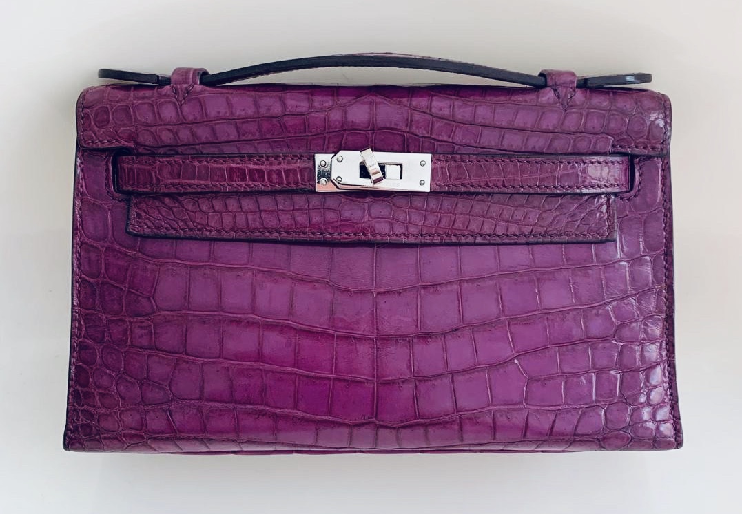 Hermes Kelly Pochette Amethyste Alligator Lisse Shiny Palladium