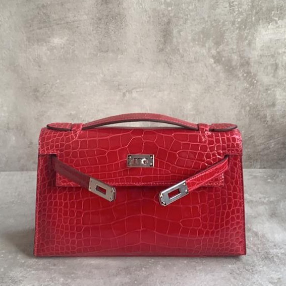 Hermes Kelly Pochette Braise Shiny Alligator Palladium Hardware