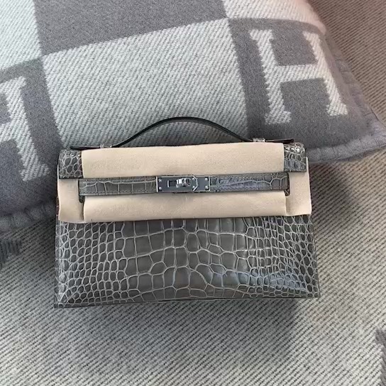 Hermes Kelly Pochette Gris Tourterelle Alligator Lisse Shiny