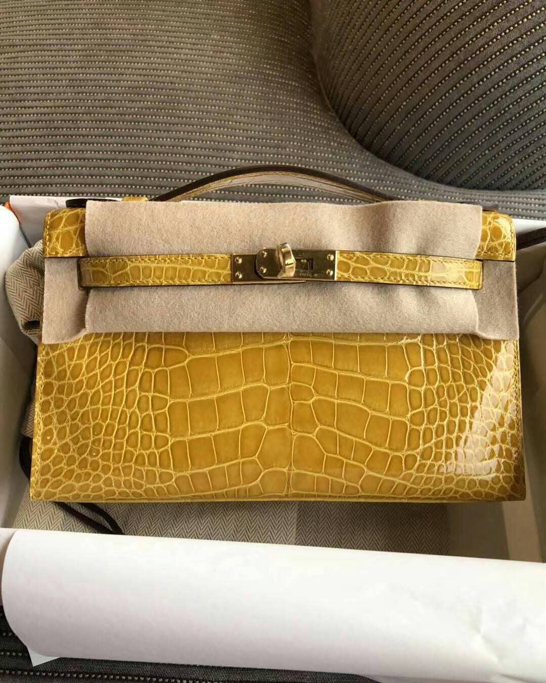 NEW HERMES HSS BEIGE SABLE & JAUNE AMBRE SELLIER KELLY 25 CROCODILE  ALLIGATOR