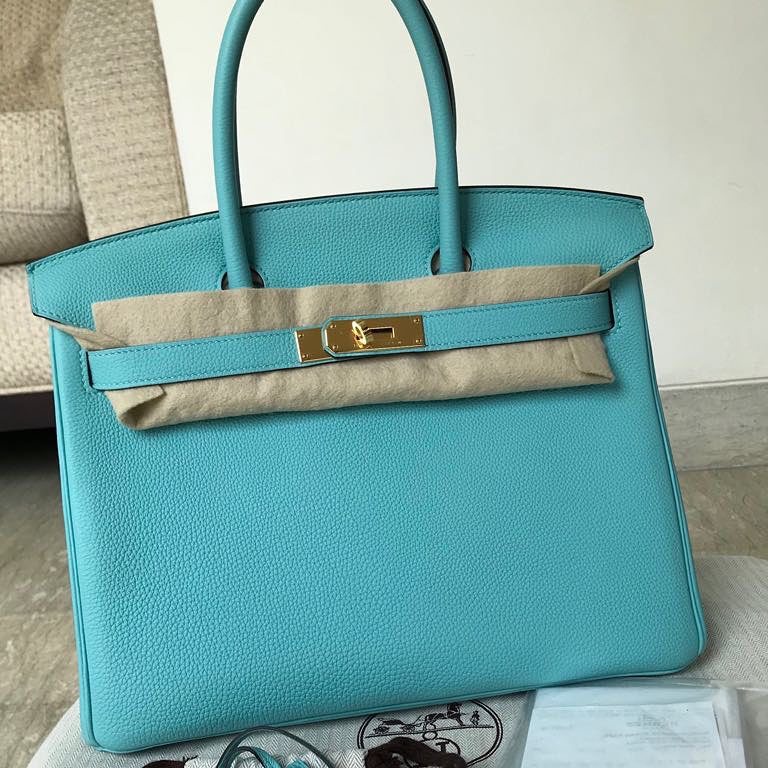 A BLEU ATOLL EPSOM LEATHER BIRKIN 30 WITH GOLD HARDWARE