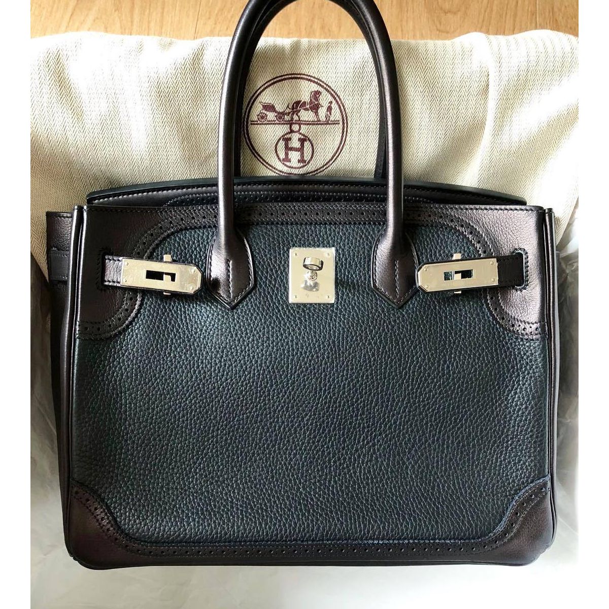 Hermes Birkin 30 Ghillies Noir Black/Bleu Indigo Clemence/Evergrain  Palladium Hardware #T - Vendome Monte Carlo