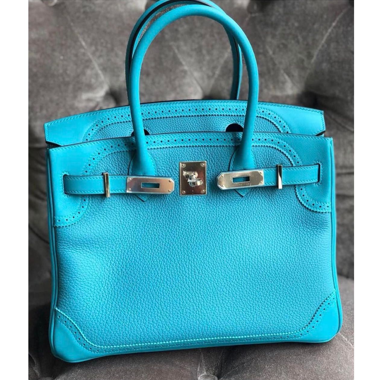 Hermes Birkin 30 Ghillies Turquoise Togo Palladium Hardware #X