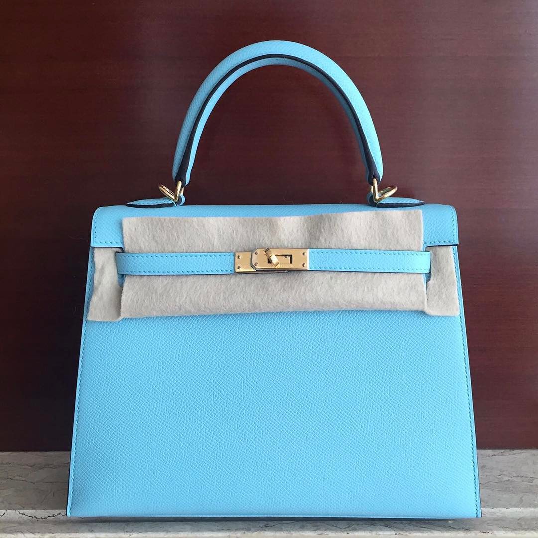 Hermes Kelly 25 Sellier Bleu Atoll Epsom Gold Hardware T