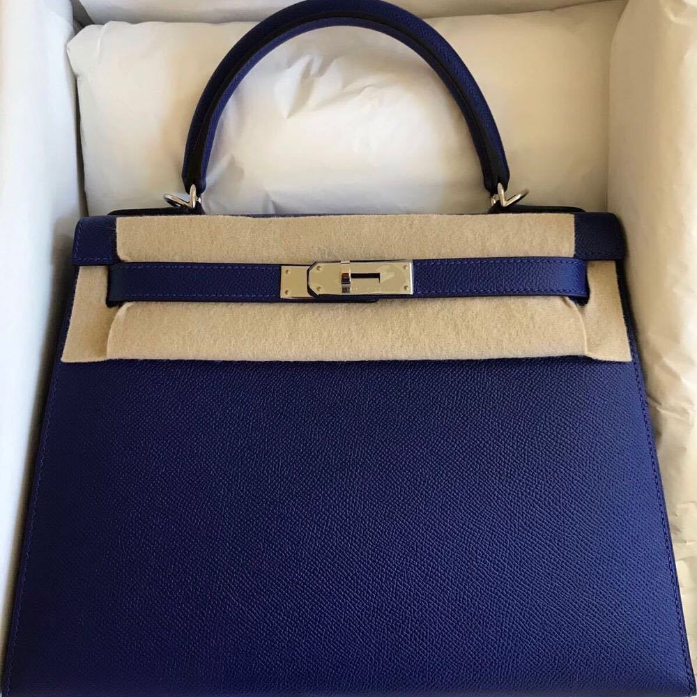 Hermès Kelly Limited Edition 28 Bleu Nuit Lettre R Epsom Palladium Har —  The French Hunter