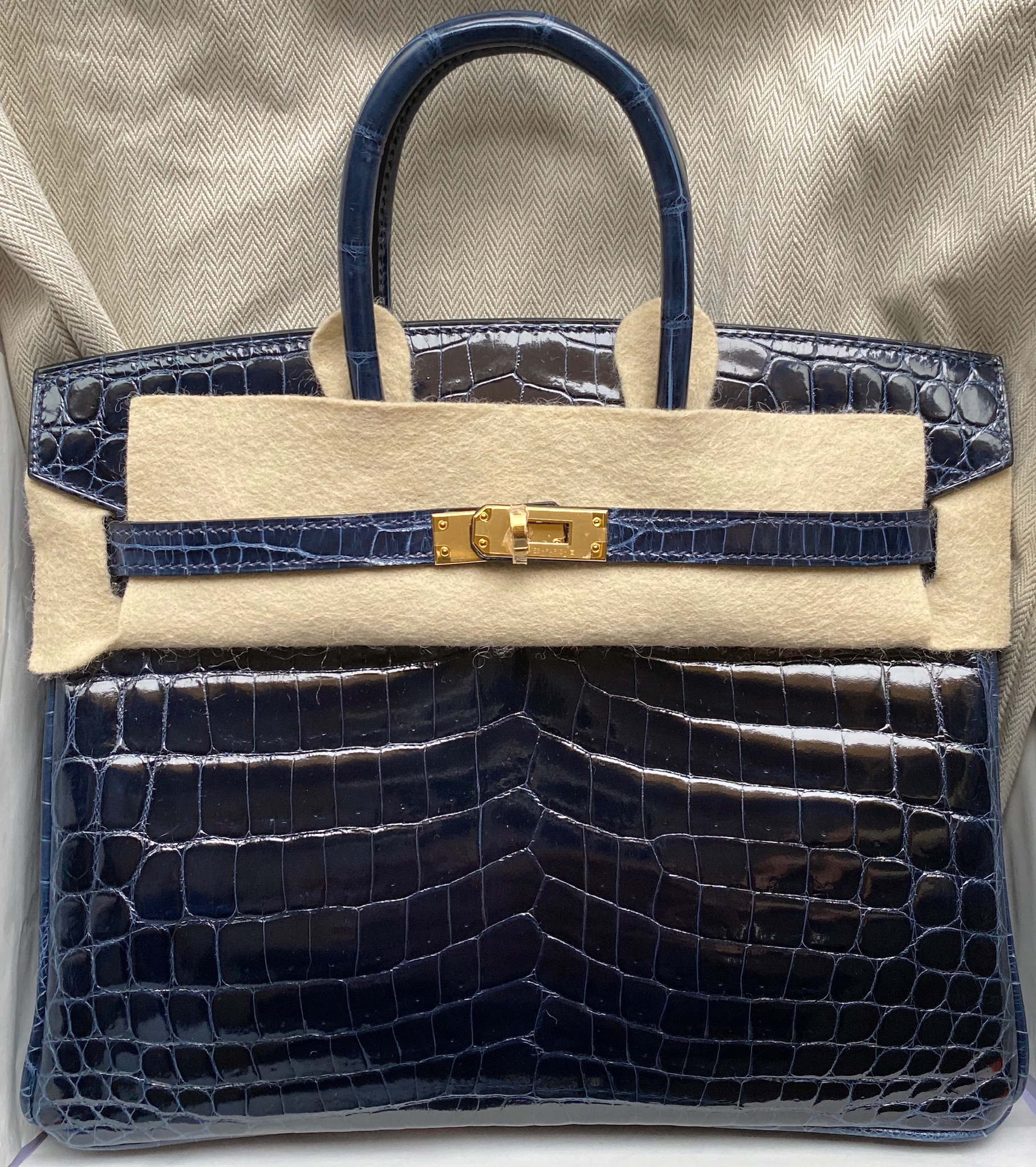 Hermes Birkin 25 Bleu Saphir (Sapphire Blue) Niloticus Lisse (Shiny) Gold  Hardware #C - Vendome Monte Carlo