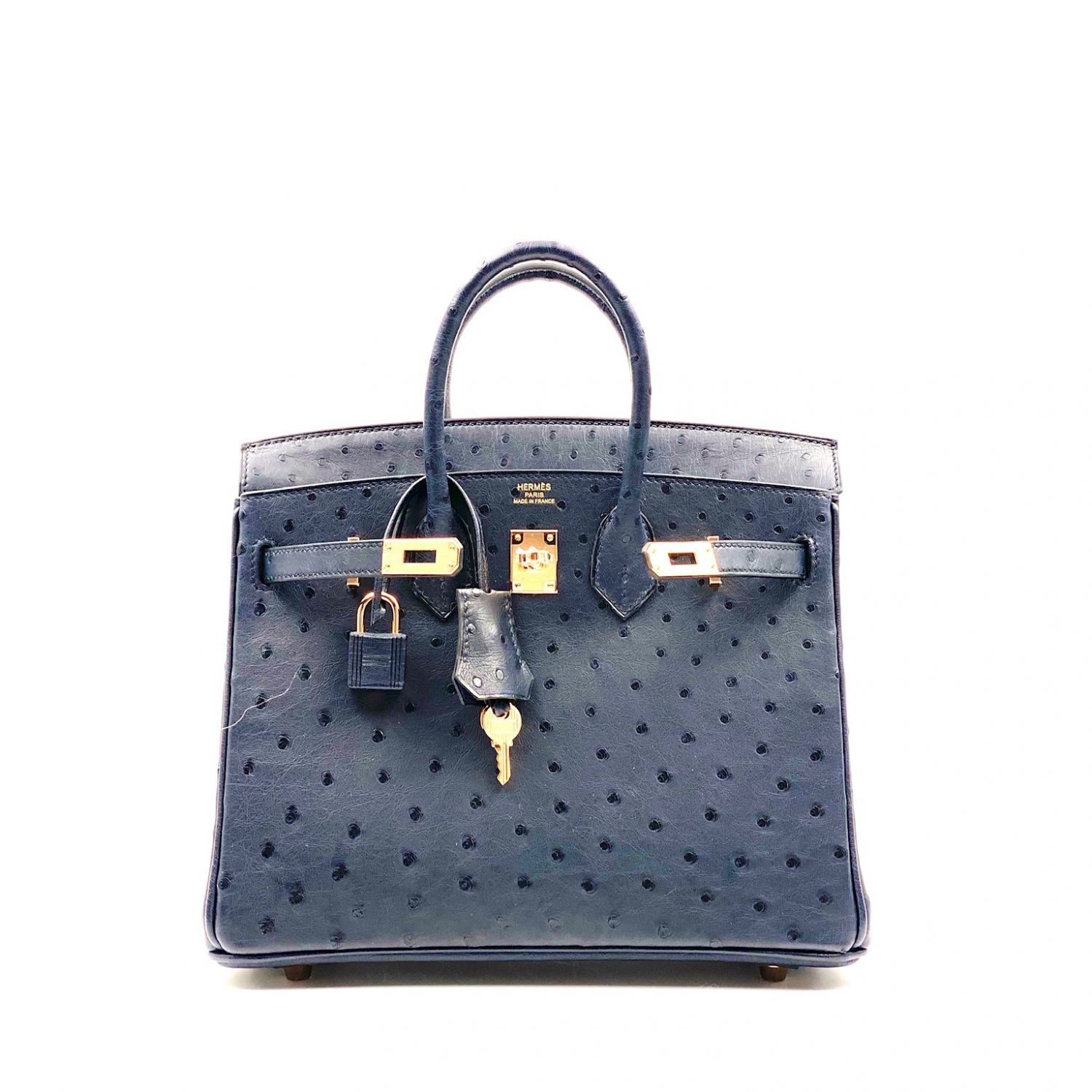 A DEEP BLUE OSTRICH LEATHER BIRKIN 25 WITH GOLD HARDWARE