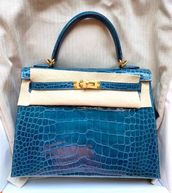 Hermes Kelly Pochette Bleu Saphir Alligator Lisse Shiny Gold Hardware #D -  Vendome Monte Carlo