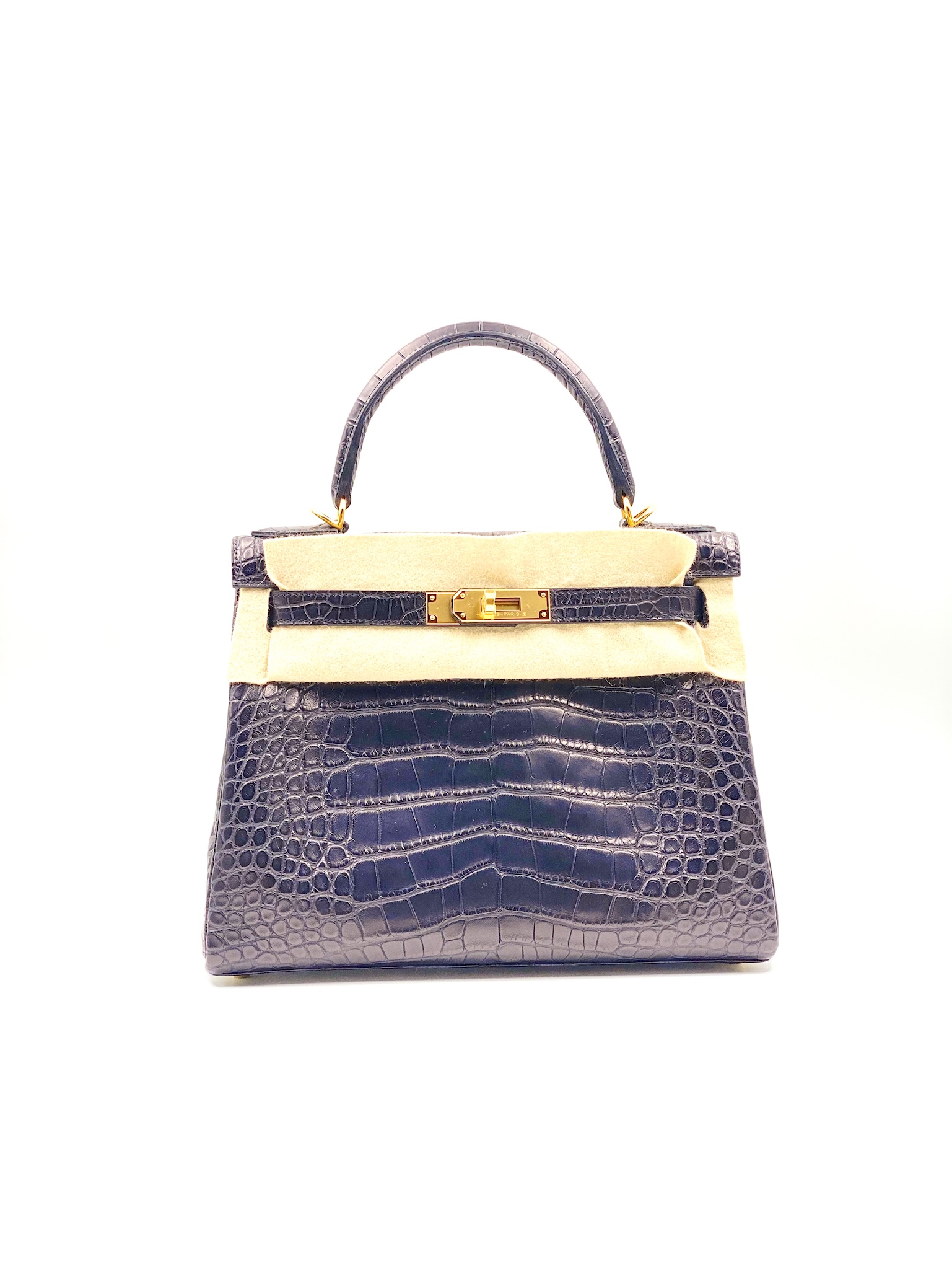 Hermes Kelly Retourne 28 Black Matte Crocodile Alligator Handbag