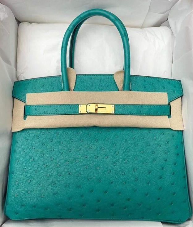 Hermes Kelly Pochette Vert Verone Ostrich Gold Hardware