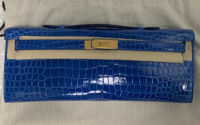 Hermes Kelly Cut Bleu Zellige Crocodile Mat Matte Gold Hardware #D