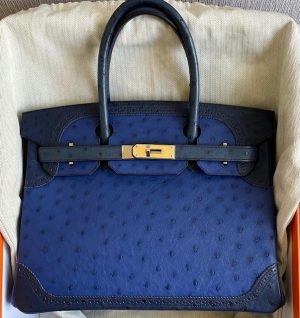 Hermes Kelly 20 Mini Sellier Bleu Iris Autruche (Ostrich) Gold Hardware #D  - Vendome Monte Carlo