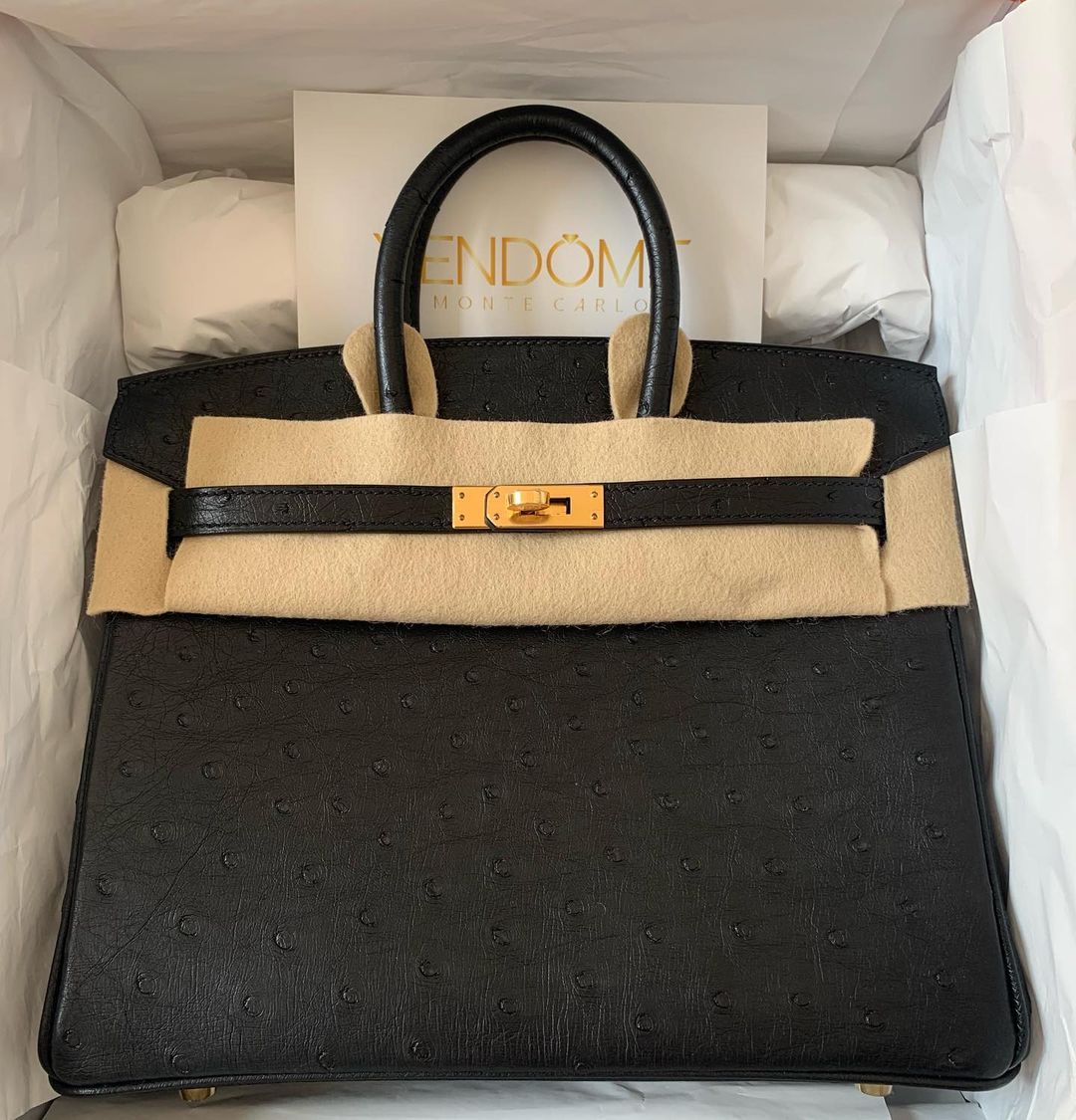 Hermes Birkin 25 Black Ostrich Gold Hardware - Vendome Monte