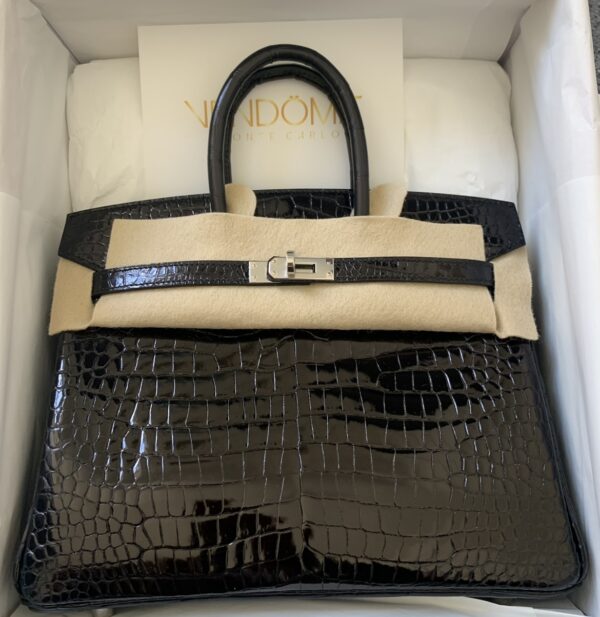 Hermes Birkin 25 Black Shiny Crocodile Palladium Hardware - Vendome ...