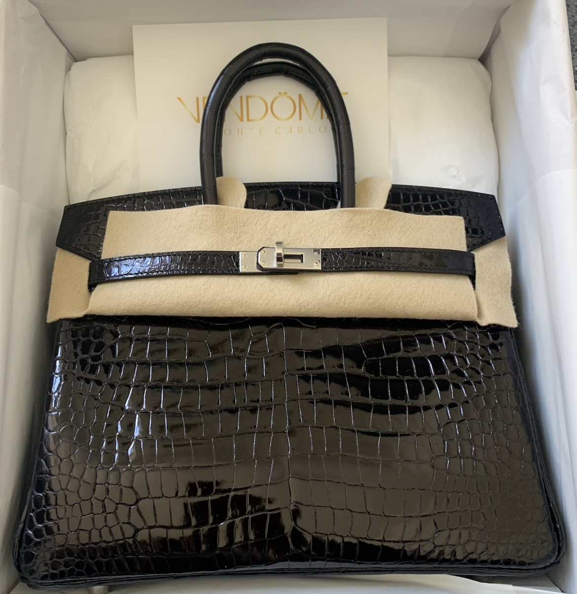 Hermes Birkin 25 Black Shiny Crocodile Palladium Hardware