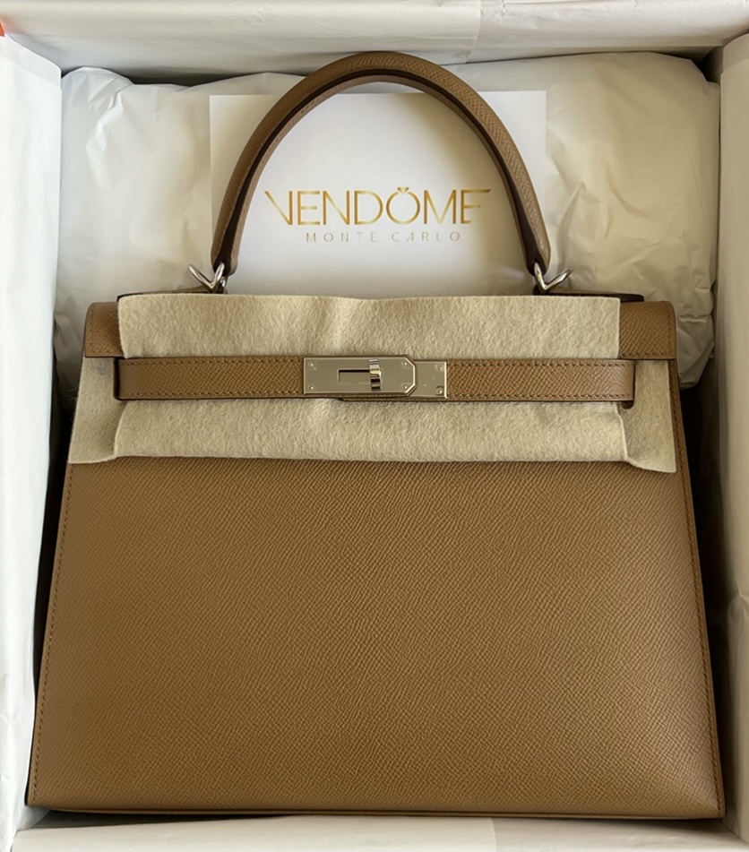 Hermes Kelly 28 Verso Biscuit/Mauve Sylvestre Epsom Palladium Hardware -  Vendome Monte Carlo