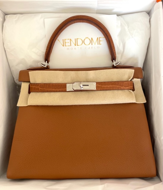 Hermes Kelly 28 Touch Gold Togo/Croco Palladium Hardware - Vendome