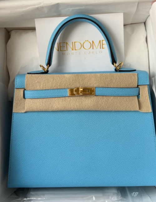 Hermes Kelly 25 Sellier Celeste Epsom Gold Hardware
